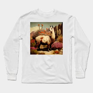 Vintage llama standing in the desert with flowers and cacti illustration Long Sleeve T-Shirt